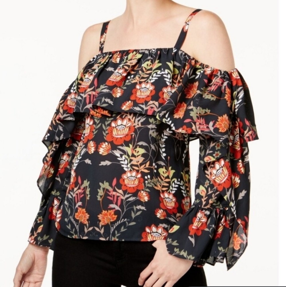 Inc. Black Multi Ruffled Cold Shoulder Top